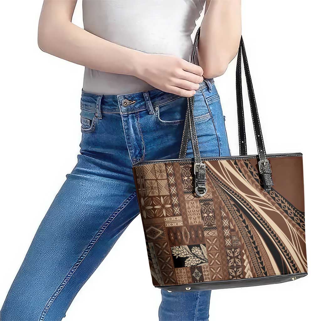 Pasifika Women's Day - Samoa Siapo Malu Tattoo Inspired Leather Tote Bag Brown