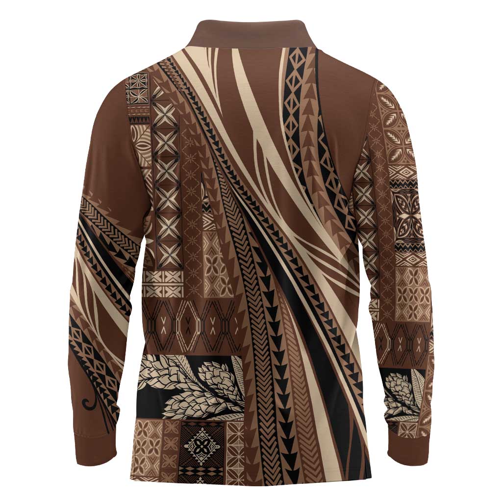 Pasifika Women's Day - Samoa Siapo Malu Tattoo Inspired Long Sleeve Polo Shirt Brown