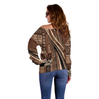 Pasifika Women's Day - Samoa Siapo Malu Tattoo Inspired Off Shoulder Sweater Brown