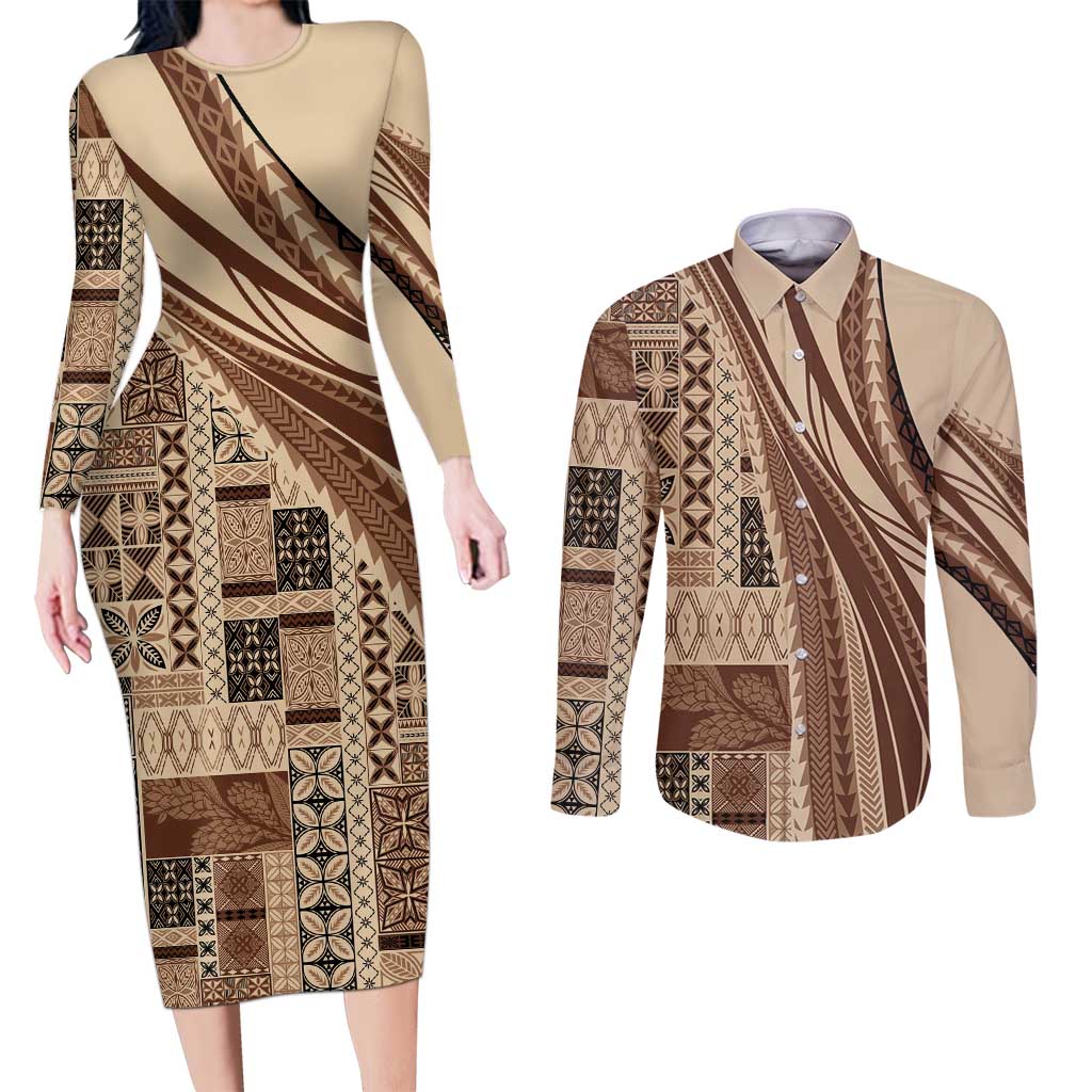 Pasifika Women's Day - Samoa Siapo Malu Tattoo Inspired Couples Matching Long Sleeve Bodycon Dress and Long Sleeve Button Shirt Beige