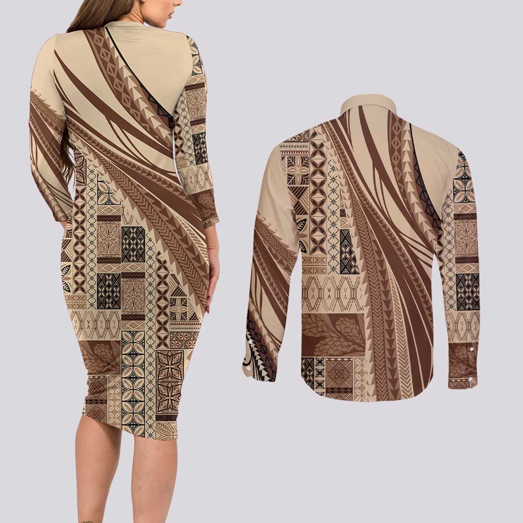 Pasifika Women's Day - Samoa Siapo Malu Tattoo Inspired Couples Matching Long Sleeve Bodycon Dress and Long Sleeve Button Shirt Beige