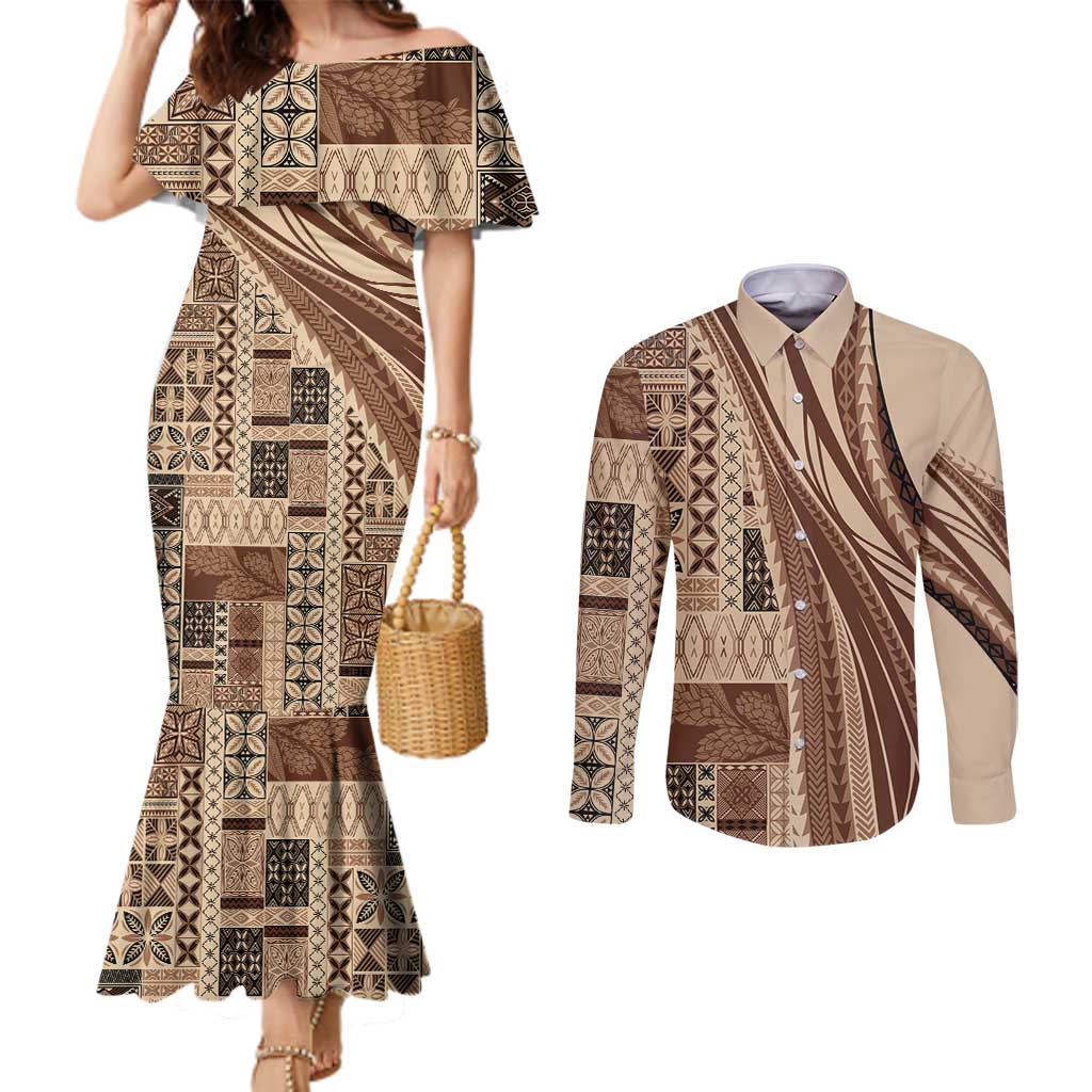 Pasifika Women's Day - Samoa Siapo Malu Tattoo Inspired Couples Matching Mermaid Dress and Long Sleeve Button Shirt Beige