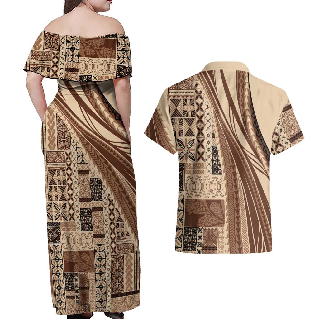 Pasifika Women's Day - Samoa Siapo Malu Tattoo Inspired Couples Matching Off Shoulder Maxi Dress and Hawaiian Shirt Beige