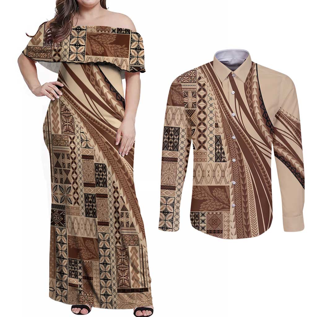 Pasifika Women's Day - Samoa Siapo Malu Tattoo Inspired Couples Matching Off Shoulder Maxi Dress and Long Sleeve Button Shirt Beige