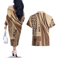 Pasifika Women's Day - Samoa Siapo Malu Tattoo Inspired Couples Matching Off The Shoulder Long Sleeve Dress and Hawaiian Shirt Beige
