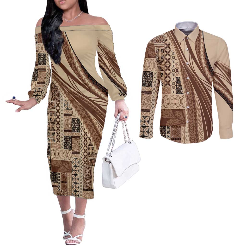 Pasifika Women's Day - Samoa Siapo Malu Tattoo Inspired Couples Matching Off The Shoulder Long Sleeve Dress and Long Sleeve Button Shirt Beige
