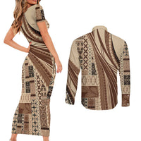 Pasifika Women's Day - Samoa Siapo Malu Tattoo Inspired Couples Matching Short Sleeve Bodycon Dress and Long Sleeve Button Shirt Beige
