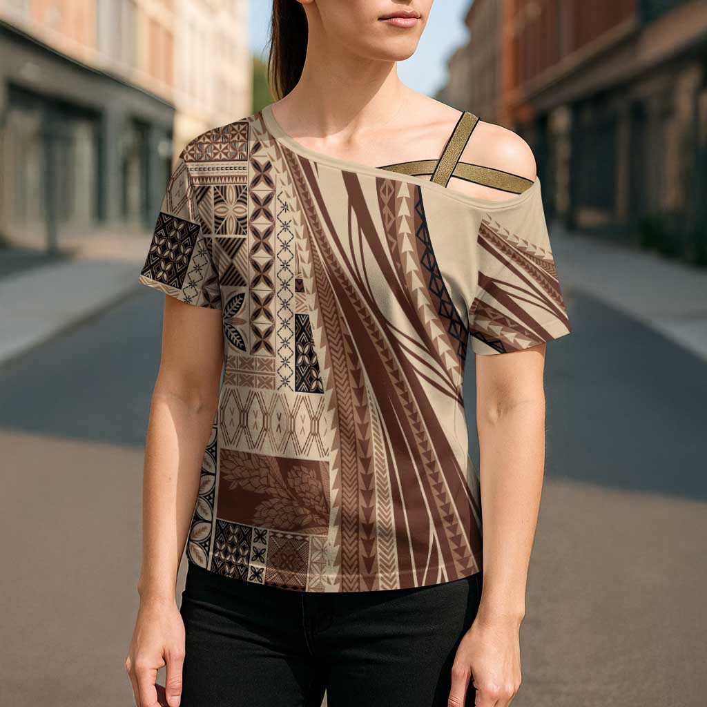 Pasifika Women's Day - Samoa Siapo Malu Tattoo Inspired Cross Shoulder Shirt Beige