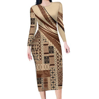 Pasifika Women's Day - Samoa Siapo Malu Tattoo Inspired Family Matching Long Sleeve Bodycon Dress and Hawaiian Shirt Beige LT7 Mom's Dress Beige - Polynesian Pride
