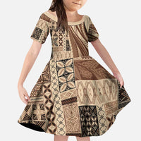 Pasifika Women's Day - Samoa Siapo Malu Tattoo Inspired Family Matching Off The Shoulder Long Sleeve Dress and Hawaiian Shirt Beige LT7 Daughter's Dress Beige - Polynesian Pride