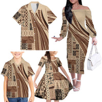 Pasifika Women's Day - Samoa Siapo Malu Tattoo Inspired Family Matching Off The Shoulder Long Sleeve Dress and Hawaiian Shirt Beige LT7 - Polynesian Pride
