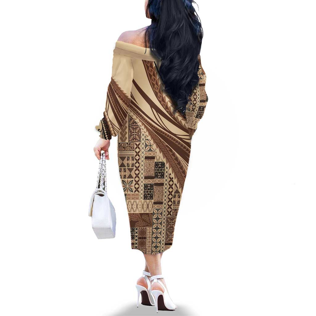 Pasifika Women's Day - Samoa Siapo Malu Tattoo Inspired Family Matching Off The Shoulder Long Sleeve Dress and Hawaiian Shirt Beige LT7 - Polynesian Pride