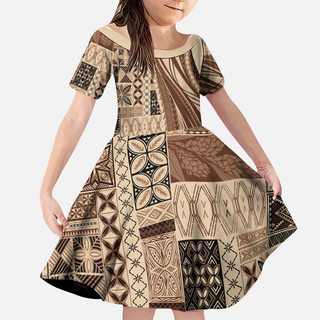 Pasifika Women's Day - Samoa Siapo Malu Tattoo Inspired Family Matching Off Shoulder Maxi Dress and Hawaiian Shirt Beige LT7 Daughter's Dress Beige - Polynesian Pride