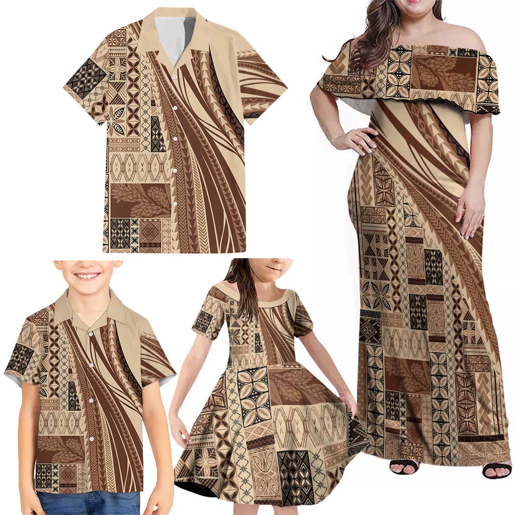 Pasifika Women's Day - Samoa Siapo Malu Tattoo Inspired Family Matching Off Shoulder Maxi Dress and Hawaiian Shirt Beige LT7 - Polynesian Pride