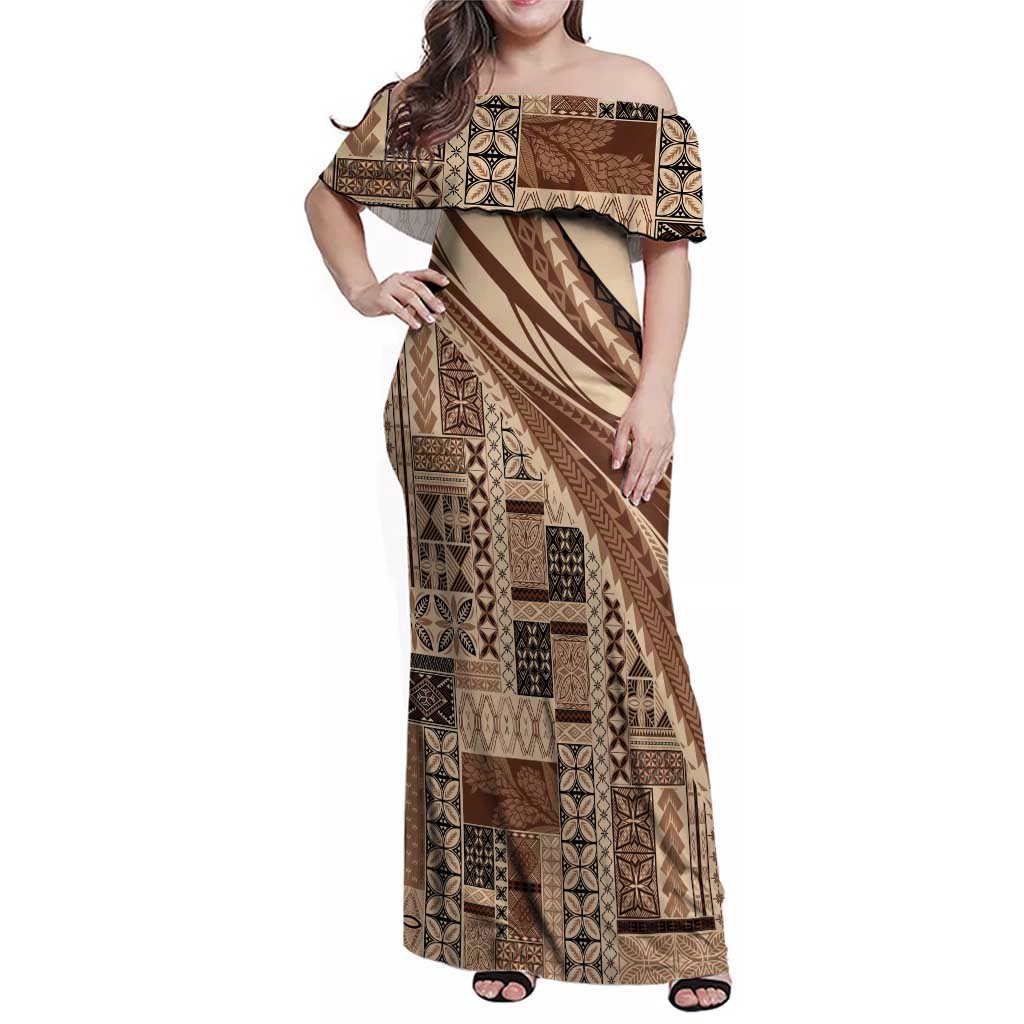 Pasifika Women's Day - Samoa Siapo Malu Tattoo Inspired Family Matching Off Shoulder Maxi Dress and Hawaiian Shirt Beige LT7 Mom's Dress Beige - Polynesian Pride