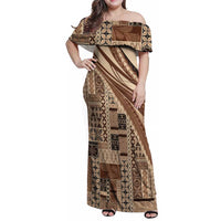Pasifika Women's Day - Samoa Siapo Malu Tattoo Inspired Family Matching Off Shoulder Maxi Dress and Hawaiian Shirt Beige LT7 Mom's Dress Beige - Polynesian Pride