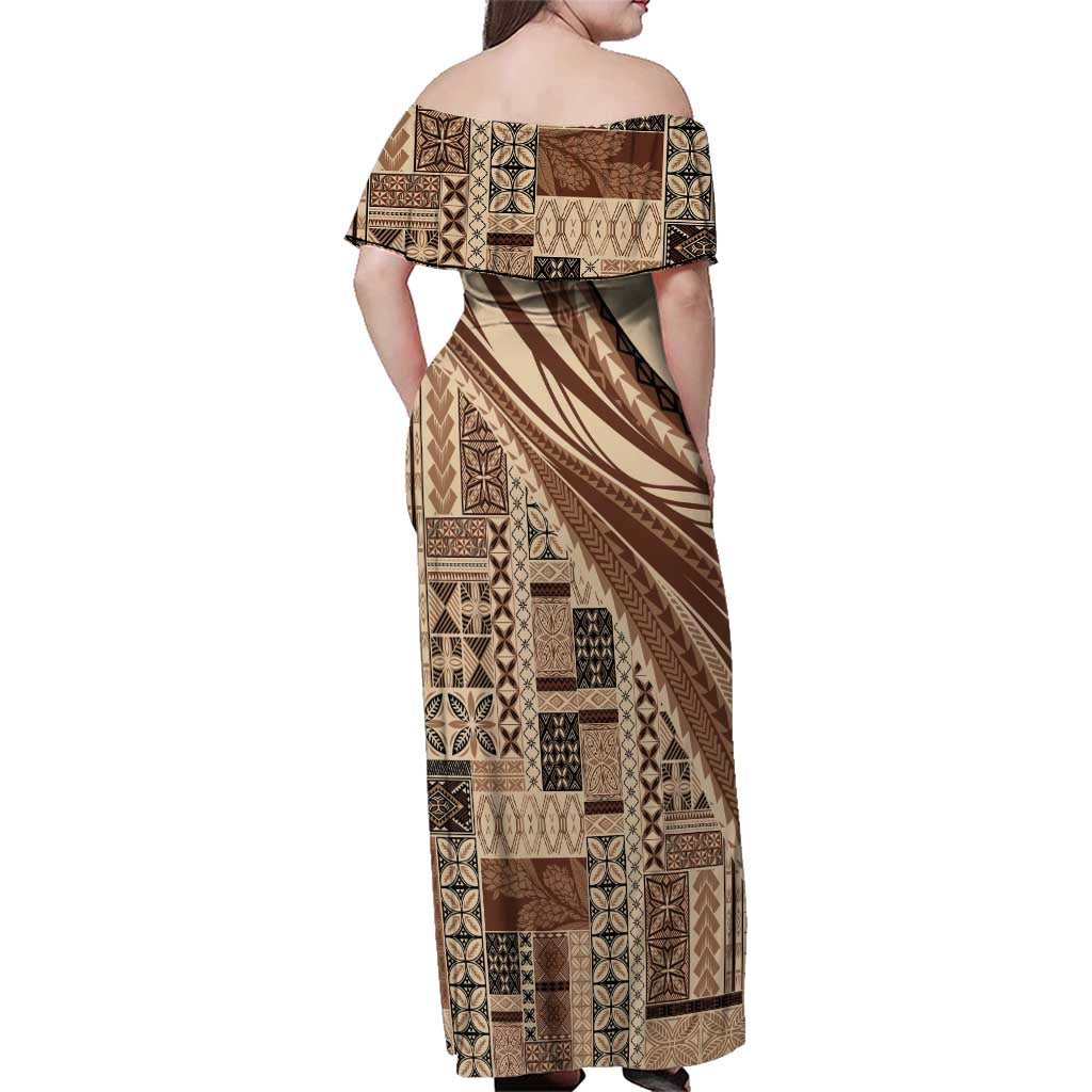 Pasifika Women's Day - Samoa Siapo Malu Tattoo Inspired Family Matching Off Shoulder Maxi Dress and Hawaiian Shirt Beige LT7 - Polynesian Pride