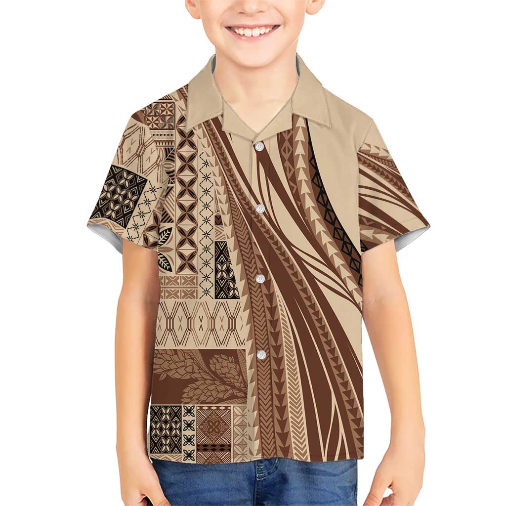 Pasifika Women's Day - Samoa Siapo Malu Tattoo Inspired Family Matching Off Shoulder Maxi Dress and Hawaiian Shirt Beige LT7 Son's Shirt Beige - Polynesian Pride