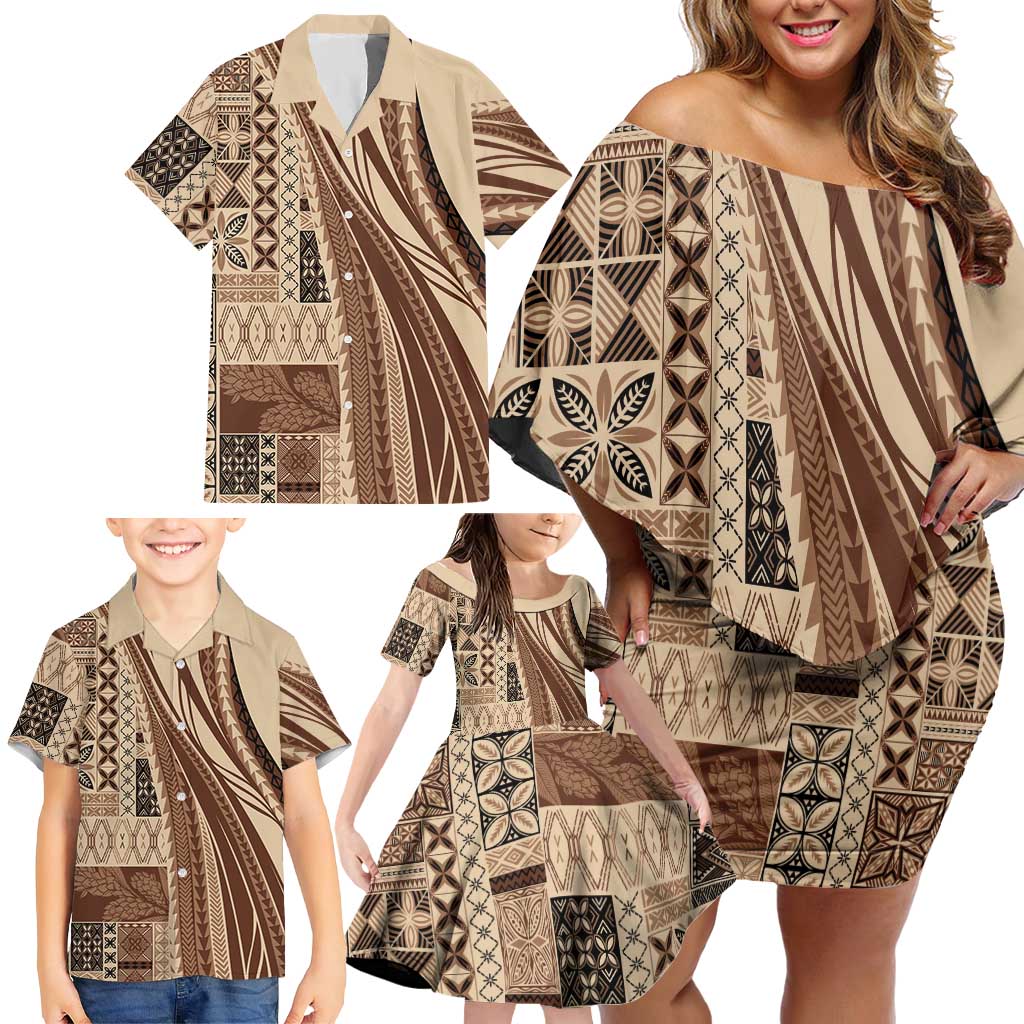 Pasifika Women's Day - Samoa Siapo Malu Tattoo Inspired Family Matching Off Shoulder Short Dress and Hawaiian Shirt Beige LT7 - Polynesian Pride