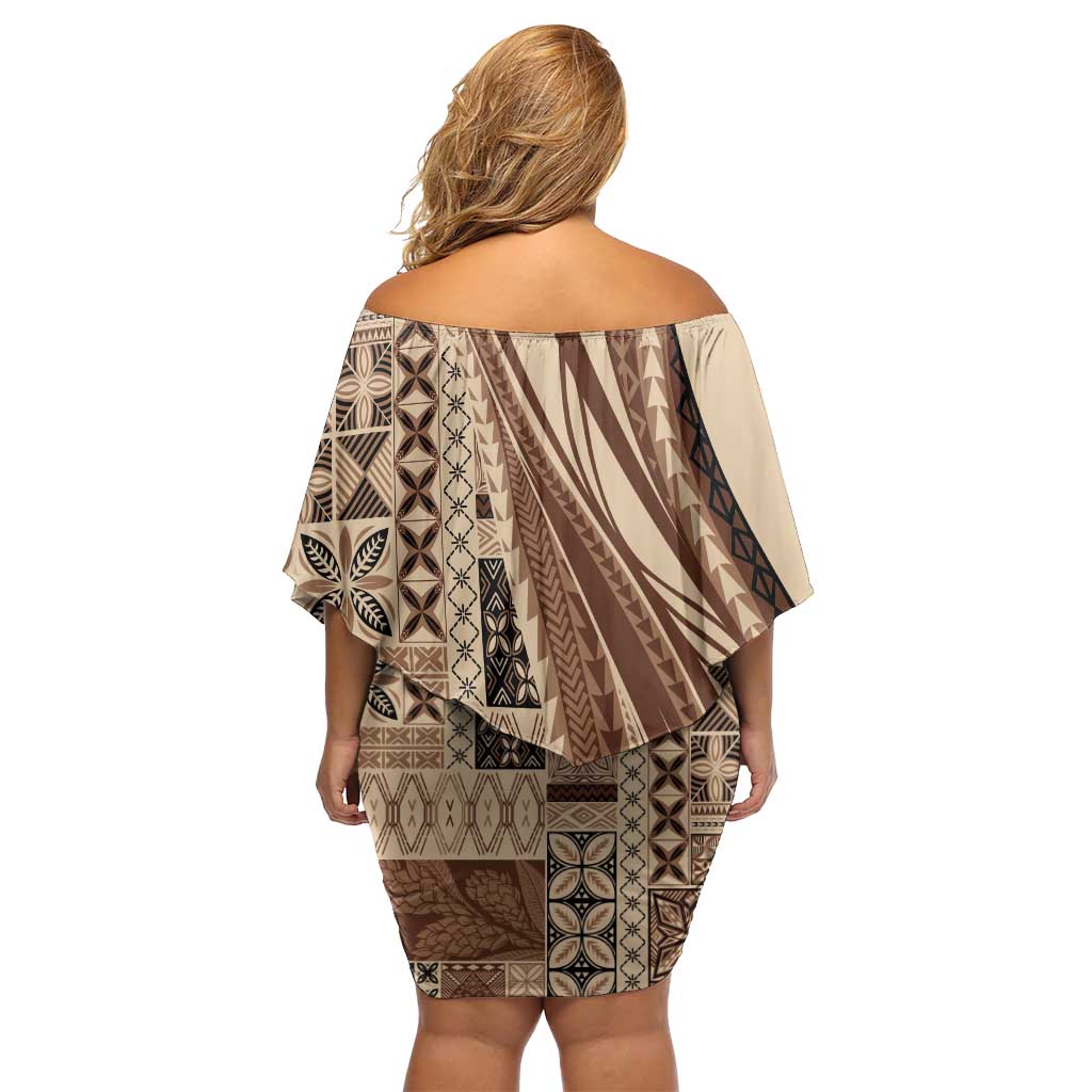 Pasifika Women's Day - Samoa Siapo Malu Tattoo Inspired Family Matching Off Shoulder Short Dress and Hawaiian Shirt Beige LT7 - Polynesian Pride