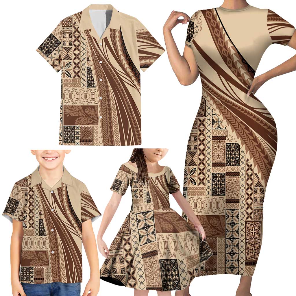 Pasifika Women's Day - Samoa Siapo Malu Tattoo Inspired Family Matching Short Sleeve Bodycon Dress and Hawaiian Shirt Beige LT7 - Polynesian Pride