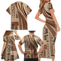 Pasifika Women's Day - Samoa Siapo Malu Tattoo Inspired Family Matching Short Sleeve Bodycon Dress and Hawaiian Shirt Beige LT7 - Polynesian Pride