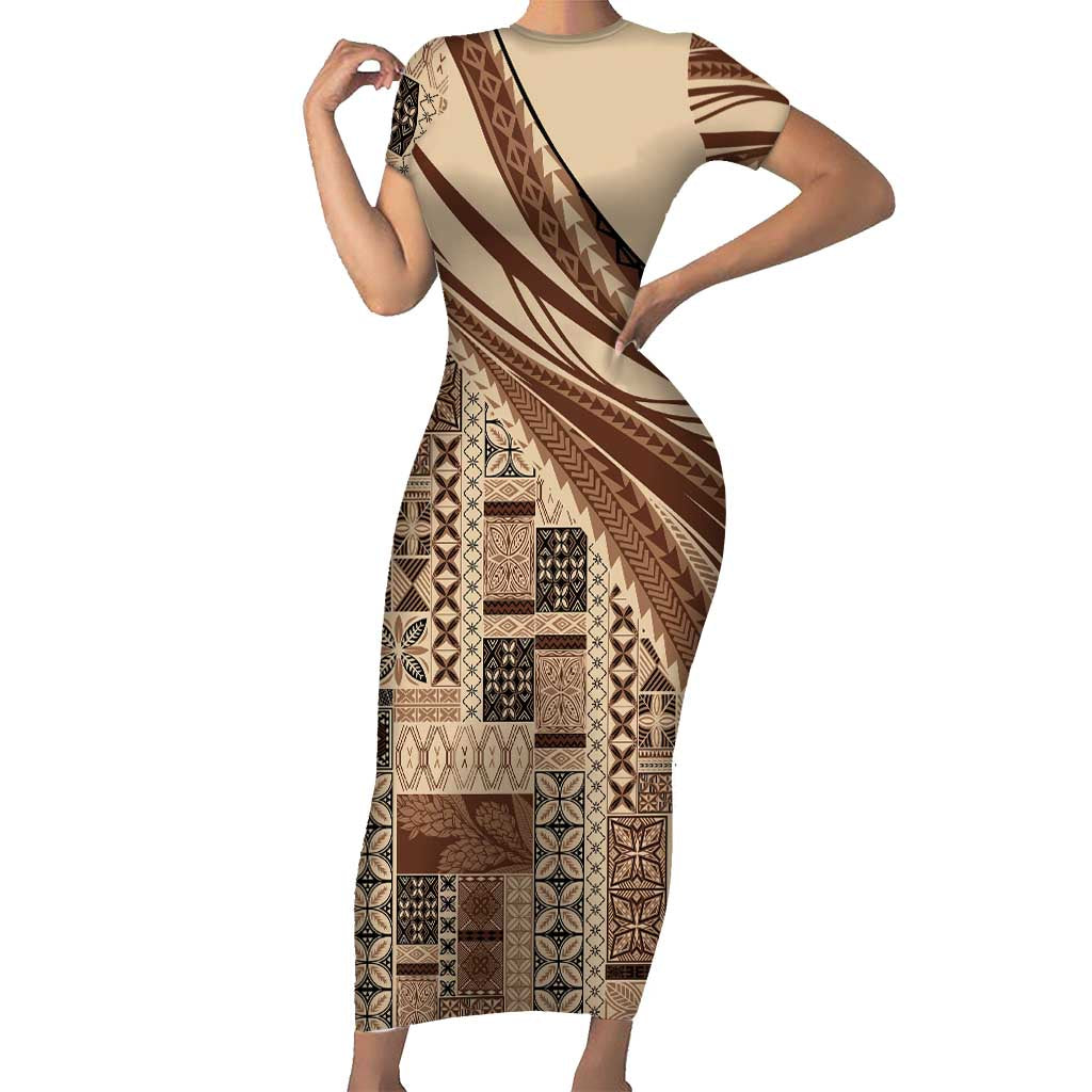 Pasifika Women's Day - Samoa Siapo Malu Tattoo Inspired Family Matching Short Sleeve Bodycon Dress and Hawaiian Shirt Beige LT7 Mom's Dress Beige - Polynesian Pride