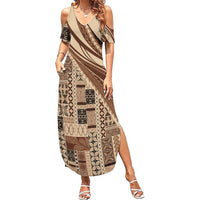 Pasifika Women's Day - Samoa Siapo Malu Tattoo Inspired Family Matching Summer Maxi Dress and Hawaiian Shirt Beige LT7 Mom's Dress Beige - Polynesian Pride