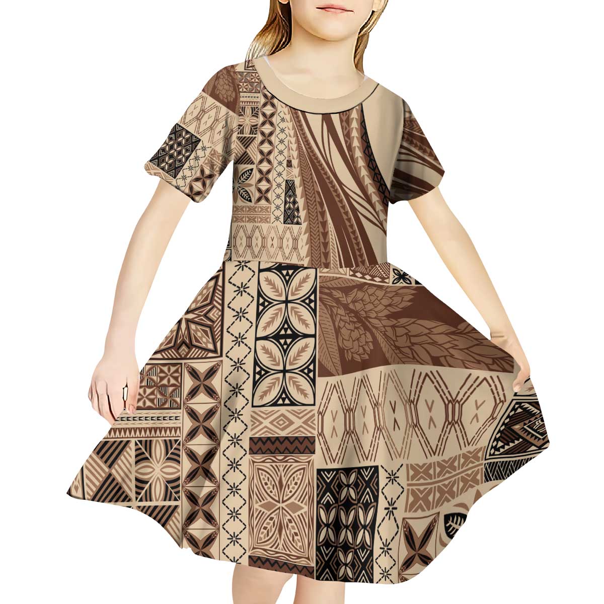 Pasifika Women's Day - Samoa Siapo Malu Tattoo Inspired Kid Short Sleeve Dress Beige