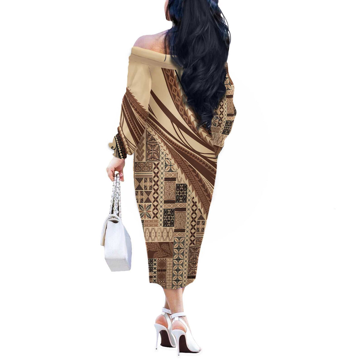 Pasifika Women's Day - Samoa Siapo Malu Tattoo Inspired Off The Shoulder Long Sleeve Dress Beige