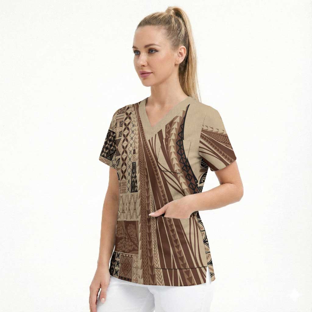 Pasifika Women's Day - Samoa Siapo Malu Tattoo Inspired Scrub Top Beige