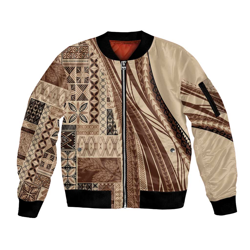 Pasifika Women's Day - Samoa Siapo Malu Tattoo Inspired Sleeve Zip Bomber Jacket Beige