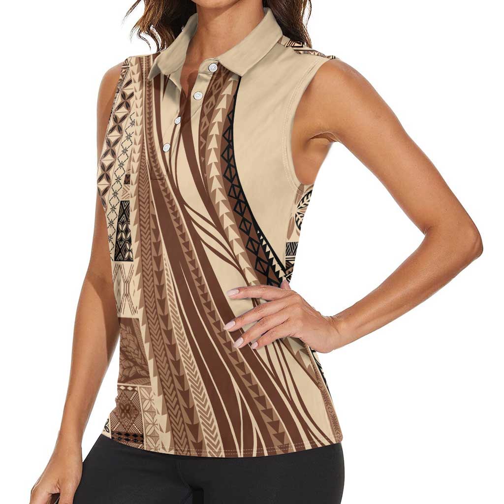 Pasifika Women's Day - Samoa Siapo Malu Tattoo Inspired Women Sleeveless Polo Shirt Beige