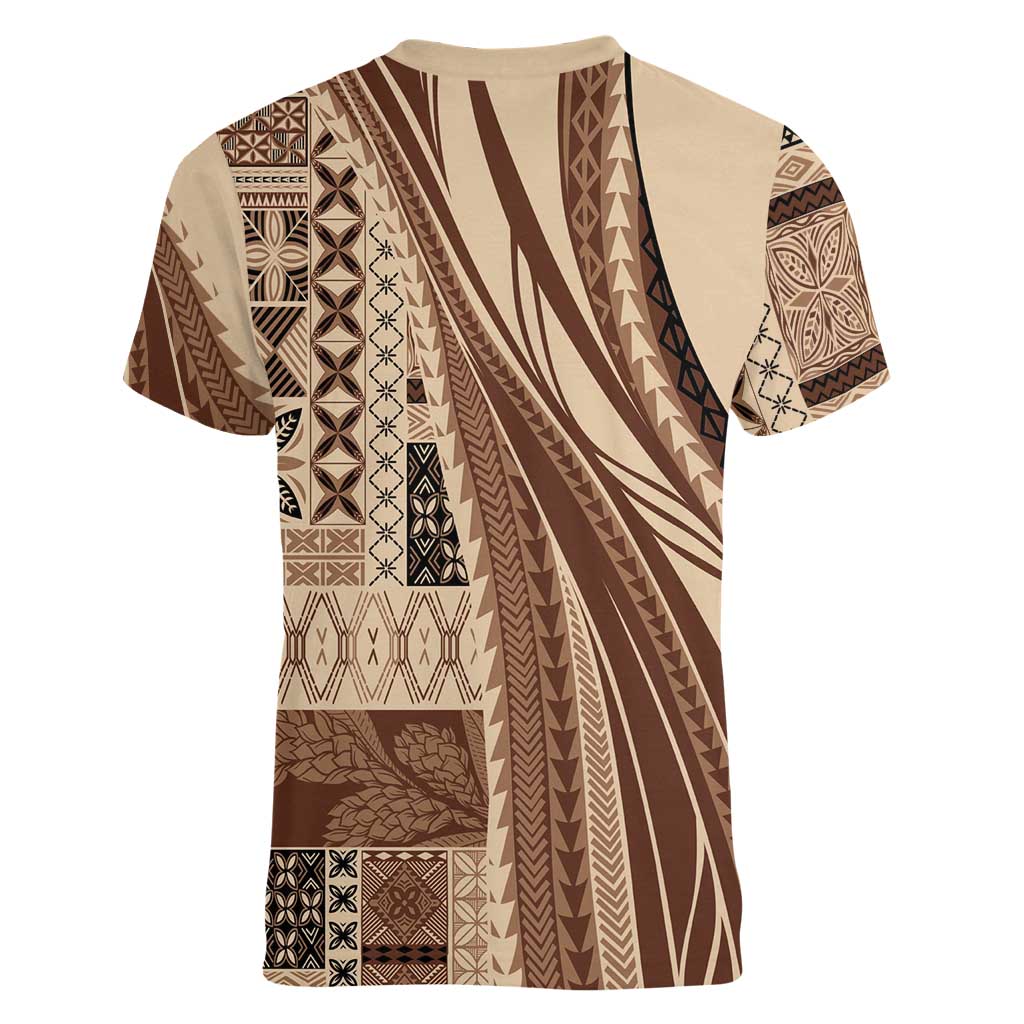 Pasifika Women's Day - Samoa Siapo Malu Tattoo Inspired Women V-Neck T-Shirt Beige