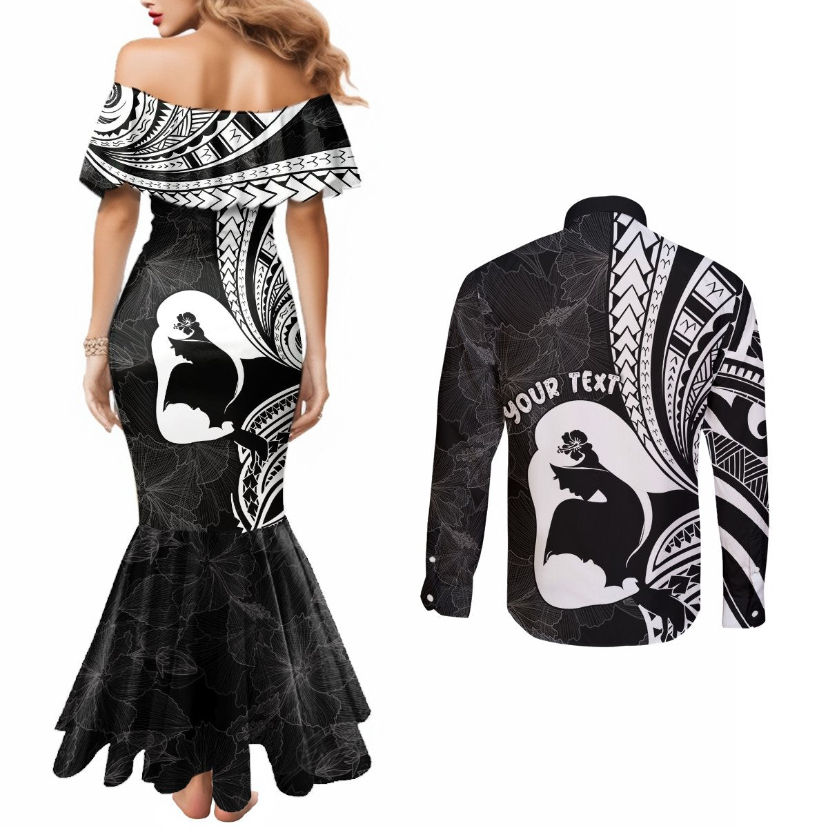 Mother's Day Couples Matching Mermaid Dress and Long Sleeve Button Shirt Polynesia Vintage Hibiscus - Black