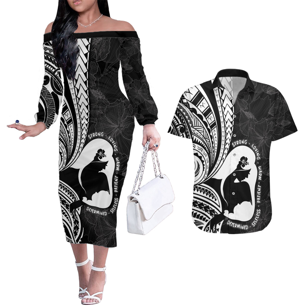 Mother's Day Couples Matching Off The Shoulder Long Sleeve Dress and Hawaiian Shirt Polynesia Vintage Hibiscus - Black