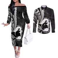 Mother's Day Couples Matching Off The Shoulder Long Sleeve Dress and Long Sleeve Button Shirt Polynesia Vintage Hibiscus - Black