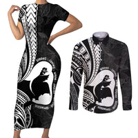 Mother's Day Couples Matching Short Sleeve Bodycon Dress and Long Sleeve Button Shirt Polynesia Vintage Hibiscus - Black