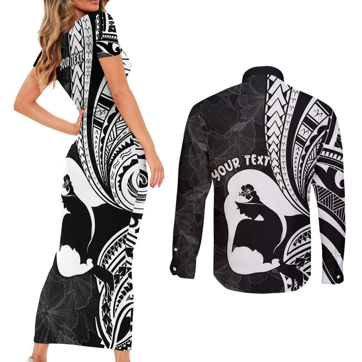 Mother's Day Couples Matching Short Sleeve Bodycon Dress and Long Sleeve Button Shirt Polynesia Vintage Hibiscus - Black
