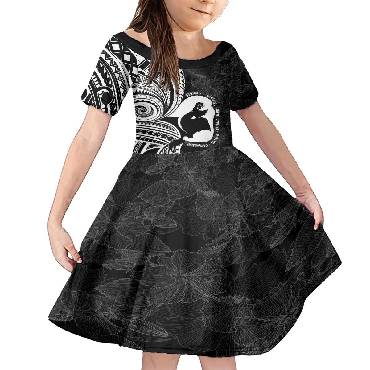 Mother's Day Family Matching Long Sleeve Bodycon Dress and Hawaiian Shirt Polynesia Vintage Hibiscus - Black LT7 Daughter's Dress Black - Polynesian Pride