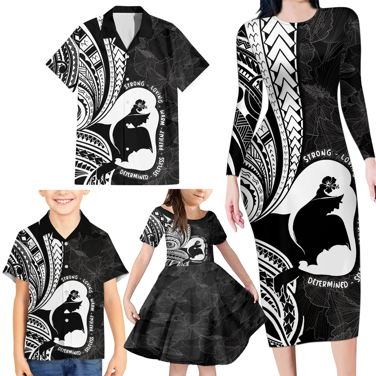 Mother's Day Family Matching Long Sleeve Bodycon Dress and Hawaiian Shirt Polynesia Vintage Hibiscus - Black LT7 - Polynesian Pride