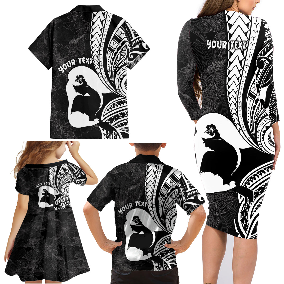 Mother's Day Family Matching Long Sleeve Bodycon Dress and Hawaiian Shirt Polynesia Vintage Hibiscus - Black LT7 - Polynesian Pride