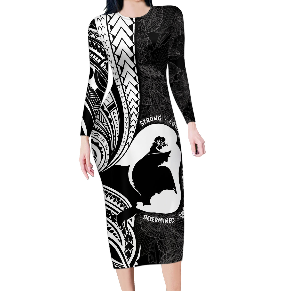 Mother's Day Family Matching Long Sleeve Bodycon Dress and Hawaiian Shirt Polynesia Vintage Hibiscus - Black LT7 Mom's Dress Black - Polynesian Pride