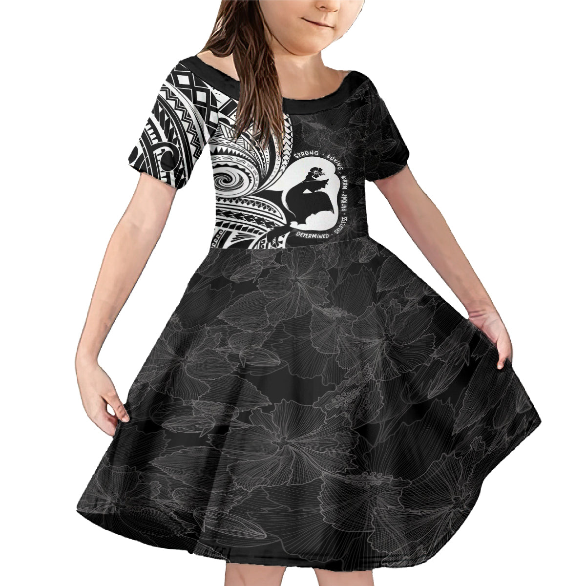 Mother's Day Family Matching Mermaid Dress and Hawaiian Shirt Polynesia Vintage Hibiscus - Black LT7 Daughter's Dress Black - Polynesian Pride