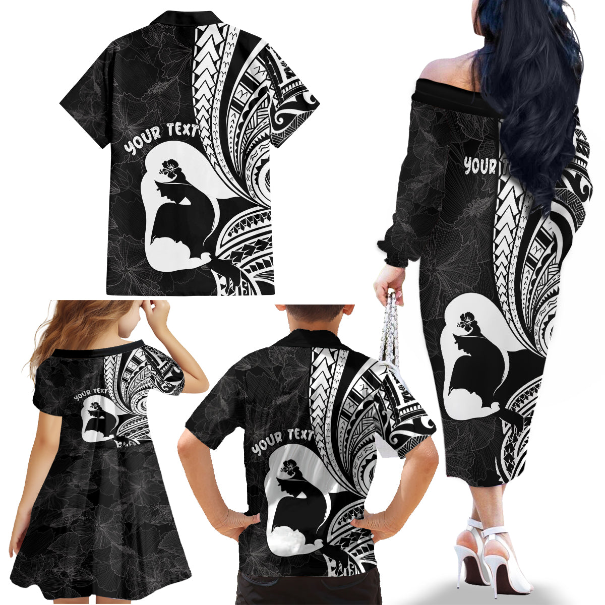 Mother's Day Family Matching Off The Shoulder Long Sleeve Dress and Hawaiian Shirt Polynesia Vintage Hibiscus - Black LT7 - Polynesian Pride