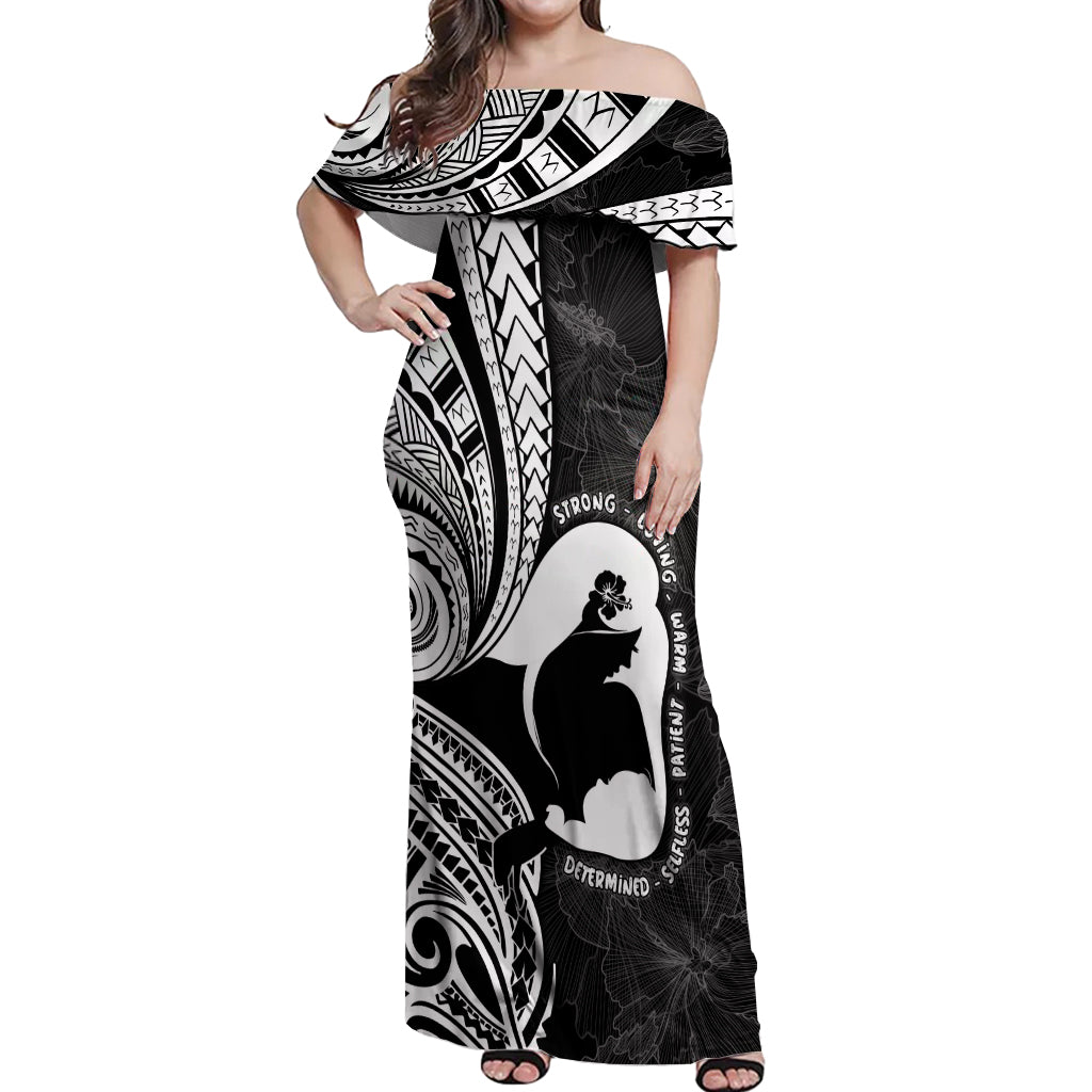 Mother's Day Off Shoulder Maxi Dress Polynesia Vintage Hibiscus - Black