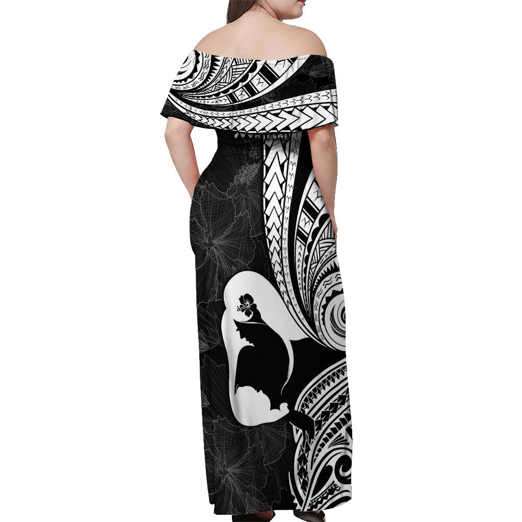 Mother's Day Off Shoulder Maxi Dress Polynesia Vintage Hibiscus - Black