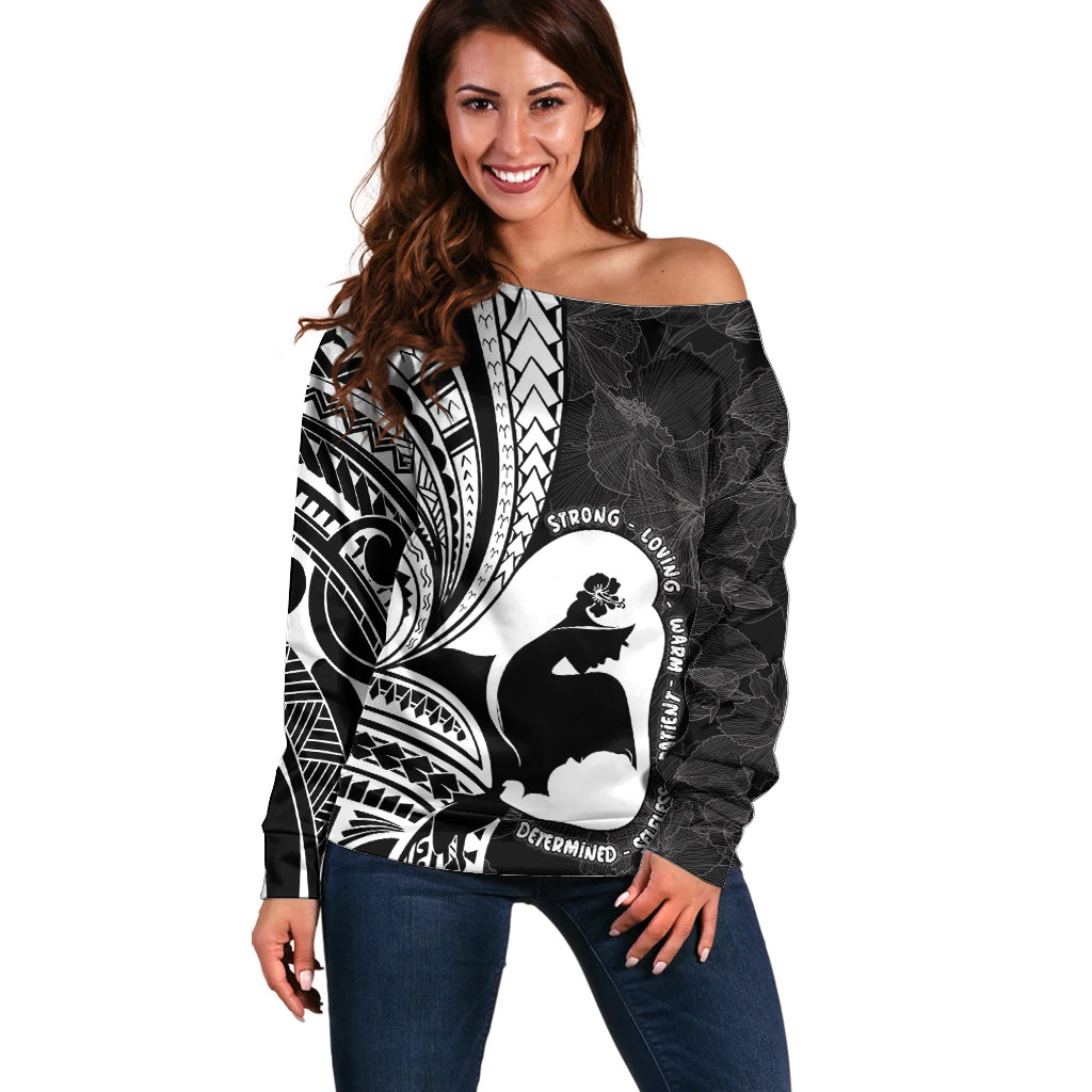 Mother's Day Off Shoulder Sweater Polynesia Vintage Hibiscus - Black