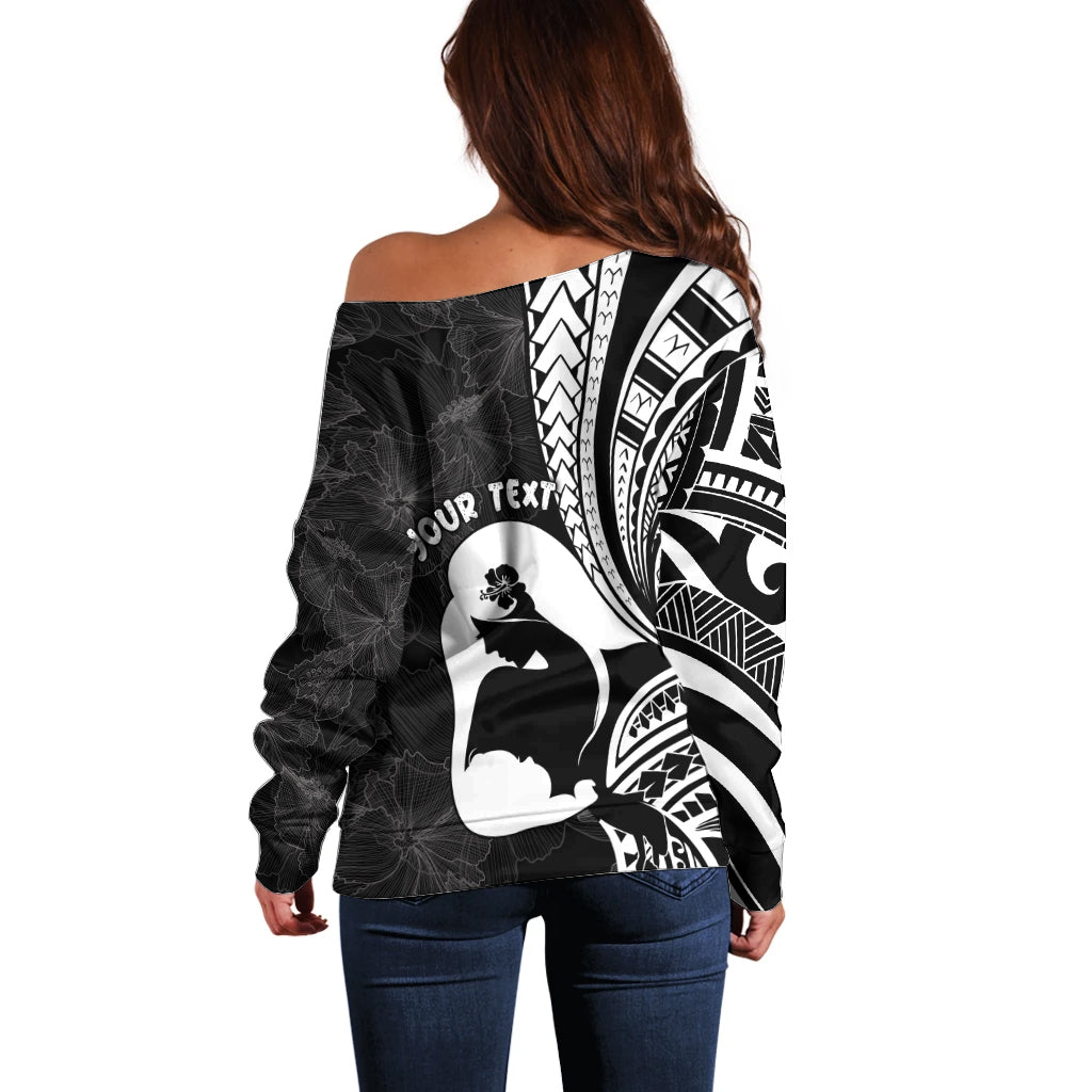 Mother's Day Off Shoulder Sweater Polynesia Vintage Hibiscus - Black
