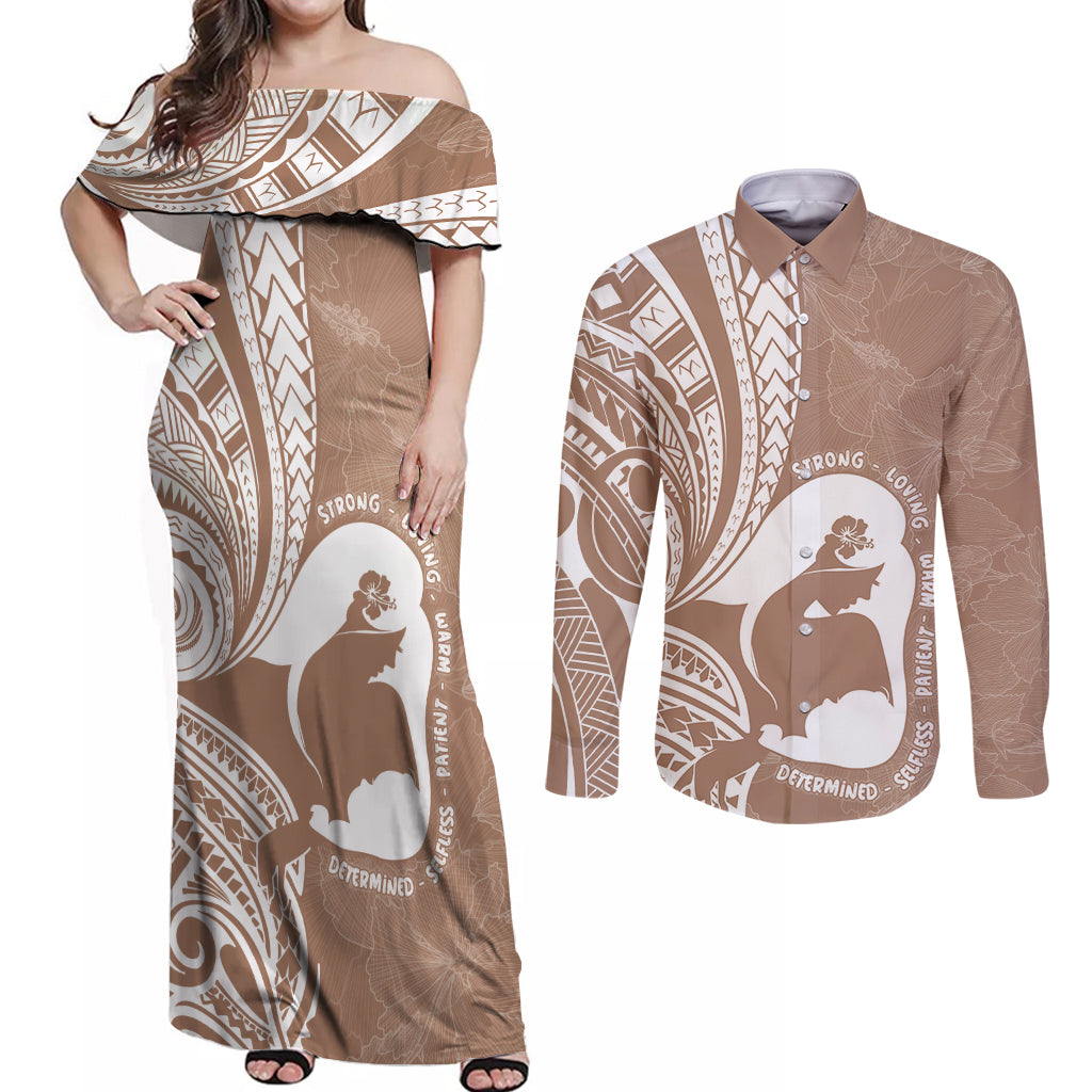 Mother's Day Couples Matching Off Shoulder Maxi Dress and Long Sleeve Button Shirt Polynesia Vintage Hibiscus - Brown